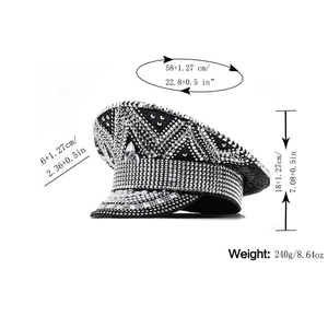 Black punk captain hat with silver rhinestones and sequins for party performance with dimensions