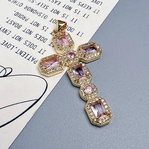 Cross pendant in gold finish with pink and clear zircon crystals for necklaces