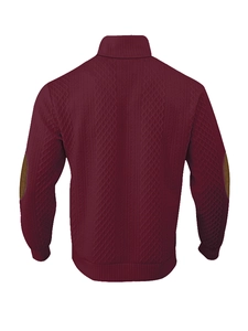 Men's wine red knit sweater back view with brown contrast elbow patches detailing