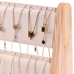 Three-tier wooden necklace display stand with premium beige velvet lining and wood frame