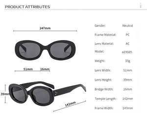Detailed size chart for retro oval sunglasses showing lens width and temple length