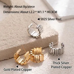 Modern gold and silver C-shaped hoop earrings with striped texture and S925 silver needles