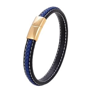 Men's minimalist braided leather bracelet with blue rope and gold magnetic buckle