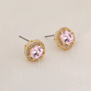 Elegant gold earrings featuring a round pink zircon center and sparkling halo stones