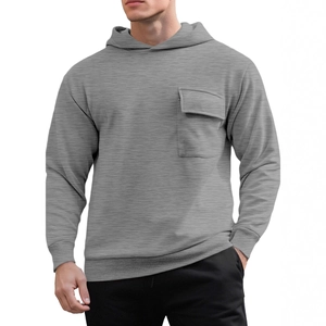 Men's solid gray hooded sweatshirt featuring a front chest pocket and ribbed knit details