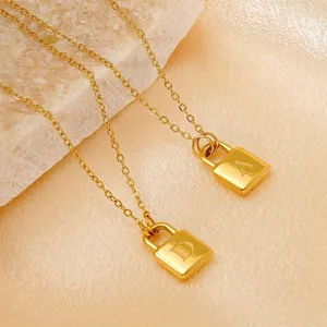 Padlock Initial Letter Necklace 18K Gold Plated Stainless Steel Minimalist Square Lock Pendant Jewelry For Women