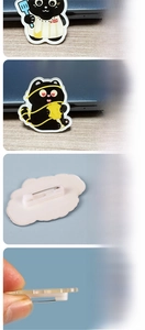 Detail view of acrylic black cat brooch showing sandwich design and safety pin back