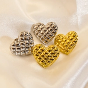 Stainless Steel Heart Earrings Quilted Pattern Embossed Heart Studs For Women Elegant Classic Gold Plated