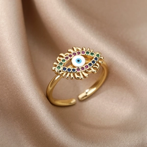 Luxury gold adjustable open ring with colorful zircon evil eye motif on champagne silk