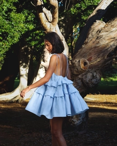 Detail of light blue tiered ruffle dress with thin straps and an open back design