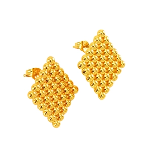 Golden titanium steel stud earrings with beaded rhombus design for women on white background