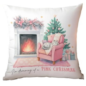 White Christmas pillow cover with watercolor scene, pink tree and cat, dreaming of a pink Christmas