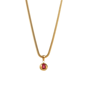 Minimalist gold snake chain necklace with rectangular red gemstone pendant for women