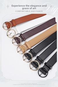 Detail view of multi-color PU leather belts with round metal buckles for women's outfits