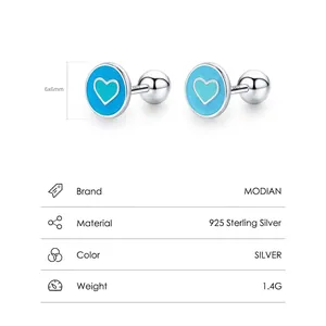 Boucles d'oreilles cœur minimalistes en argent sterling 925 avec émail bleu et poinçon