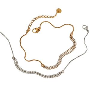 Minimalist stainless steel zircon anklet set in gold and silver finish with crystal stones