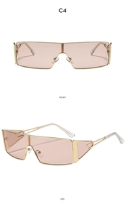 Vista frontale e laterale di occhiali da sole futuristici in oro con lenti rosa rettangolari