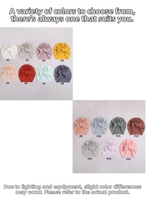 Detailed grid of soft baby turban beanies in 15 vibrant colors with knot design