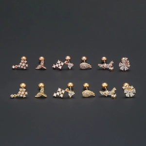 12-piece set of rose gold and gold cartilage stud earrings with sparkling zircons