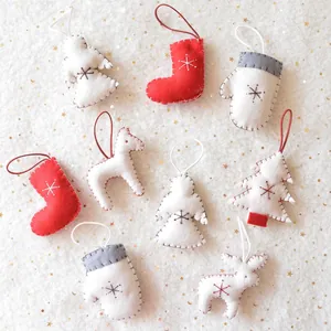 Handmade felt Christmas tree ornaments set with reindeer, angels and socks hanging decorations