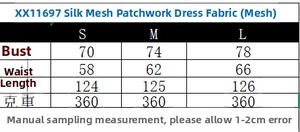 Detailed size chart for mesh patchwork dress showing bust, waist, and length measurements