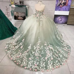 Sweetheart ombre green ball gown quinceanera dress with 3D floral lace appliques