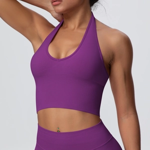 Detail of purple seamless halter yoga bra with deep U-neck and breathable knit fabric