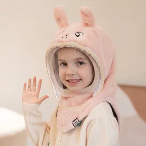 Kids pink plush rabbit hooded scarf with windproof face shield and bunny ears