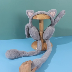 Cute grey plush earmuffs with moving sequin cat ears and airbag paw-shaped tassels