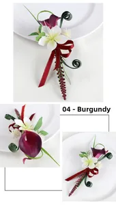 Detail of calla lily boutonniere with wine red flowers and satin ribbon for weddings