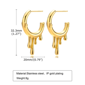 Detailed view of teardrop earrings in gold stainless steel with 32.3mm height specs