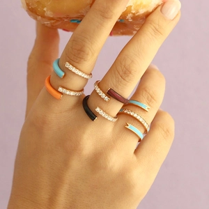 Double layered micro-inset zircon rings with colorful enamel on a gold-plated copper base