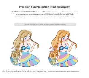 Detail showing W.P.S. film coating and 300DPI precision printing on mermaid stickers