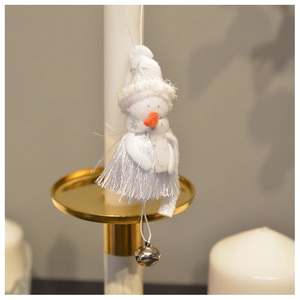 Close-up of white plush snowman ornament with silver star hat and metal bell detail