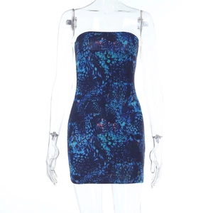 Detailed view of the vibrant blue abstract print on this slim fit tube-top mini dress