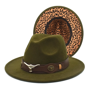 Detail of olive wool fedora with metal bull head ornament and leopard print lining