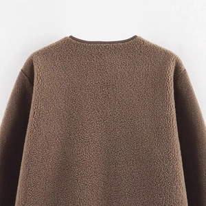 Back view of a casual brown fleece jacket for women with high-quality lamb wool texture