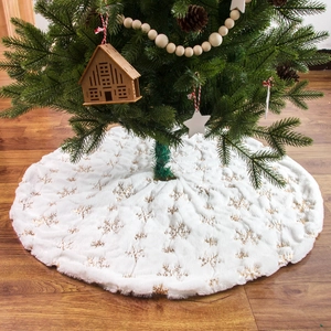 White plush Christmas tree skirt with gold sequin snowflake embroidery decorations