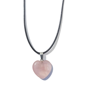 Handcarved pink natural stone heart pendant necklace with black cord and metal clasp