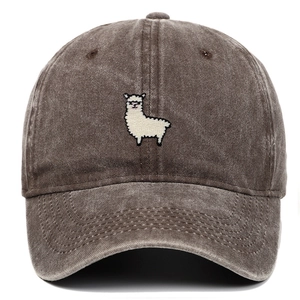 Front view of washed grey baseball cap featuring a white alpaca embroidery detail