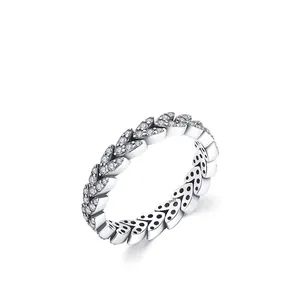 S925 sterling silver leaf ring with pavé cubic zirconia on white background