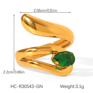 Detailed view showing dimensions and weight of gold snake ring with green zircon