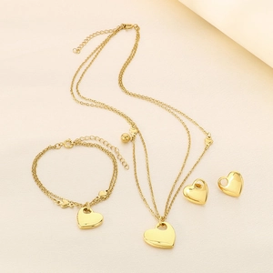 Polished 18K gold plated heart necklace, bracelet and earrings jewelry set for women