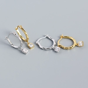 Irregular Texture 925 Sterling Silver Hoop Earrings With Square Cubic Zirconia Dangle Geometric Vintage Jewelry For Women