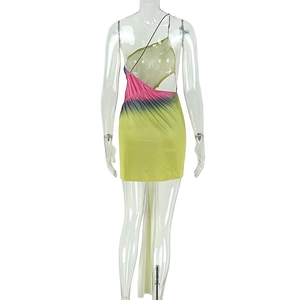 Detail of backless one-shoulder mini dress with pink blue yellow gradient and ruching