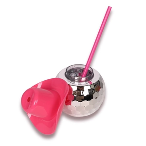 Silver disco ball drink cup with pink cowboy hat lid and straw on a clean white background