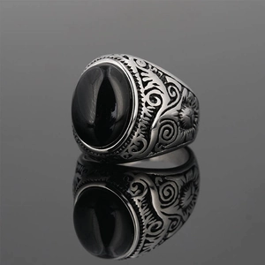 Vintage Men Stainless Steel Ring With Oval Gemstone Retro Engraved Floral Pattern Punk Ethnic Style Fashion Jewelry