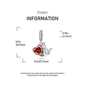 Cat charm detail with red heart stone and crystal inlay, dimensions 23.1mm by 17.7mm