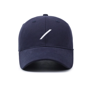 Navy blue baseball cap with white slash embroidery and adjustable curved brim style