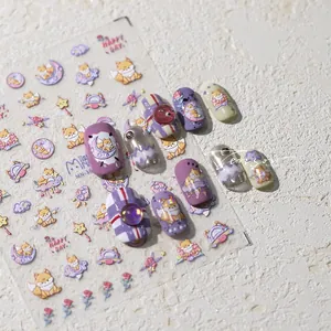 Detail of cartoon fox nail stickers with laser gold stars and moon pattern application